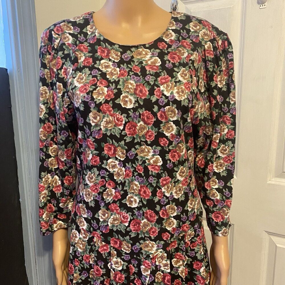 Vintage 80s Paquette Too! Red Black floral drop waist midi dress 14 Cottagecore - Picture 7 of 10